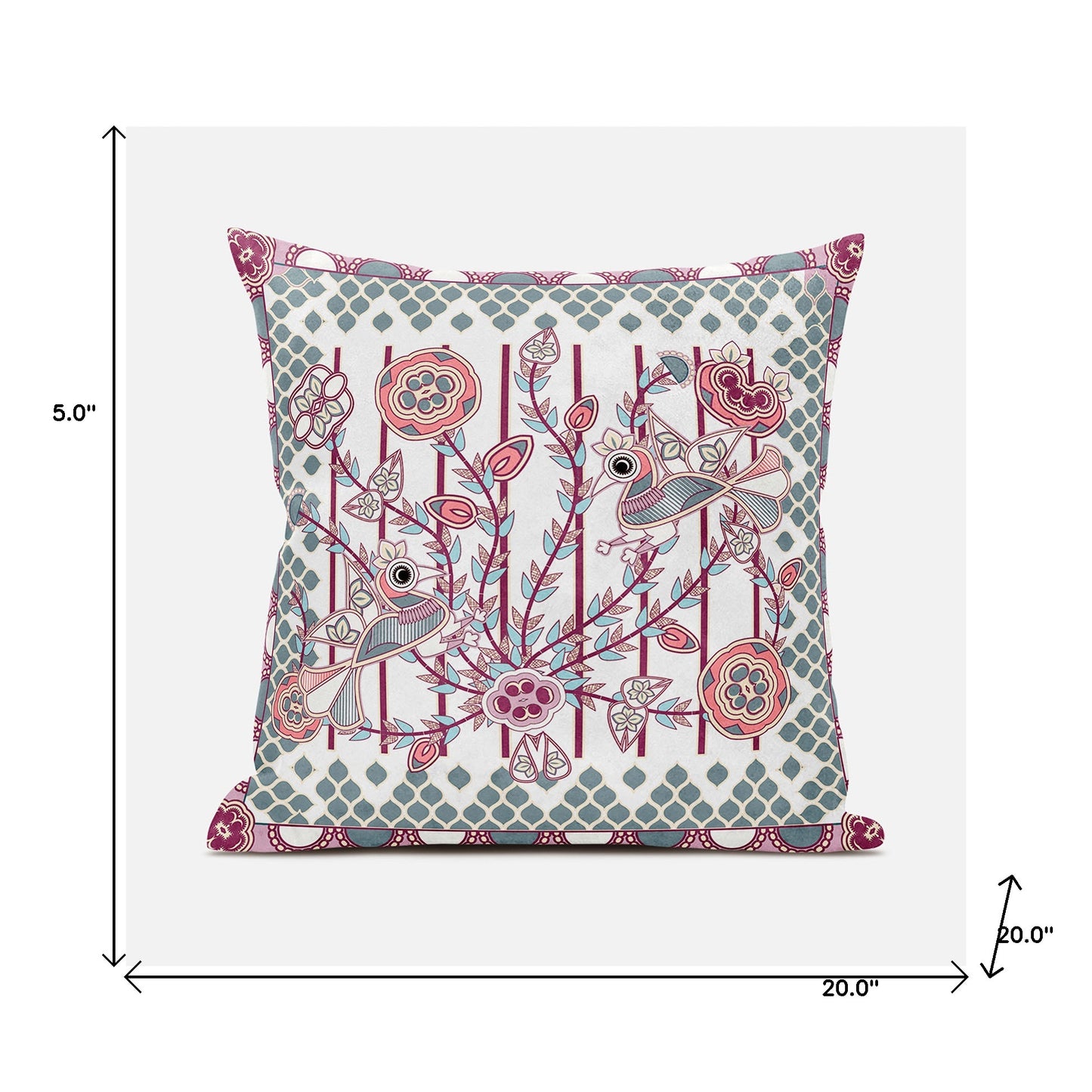 20" X 20" Red and White Peacock Broadcloth Floral Zippered Pillow