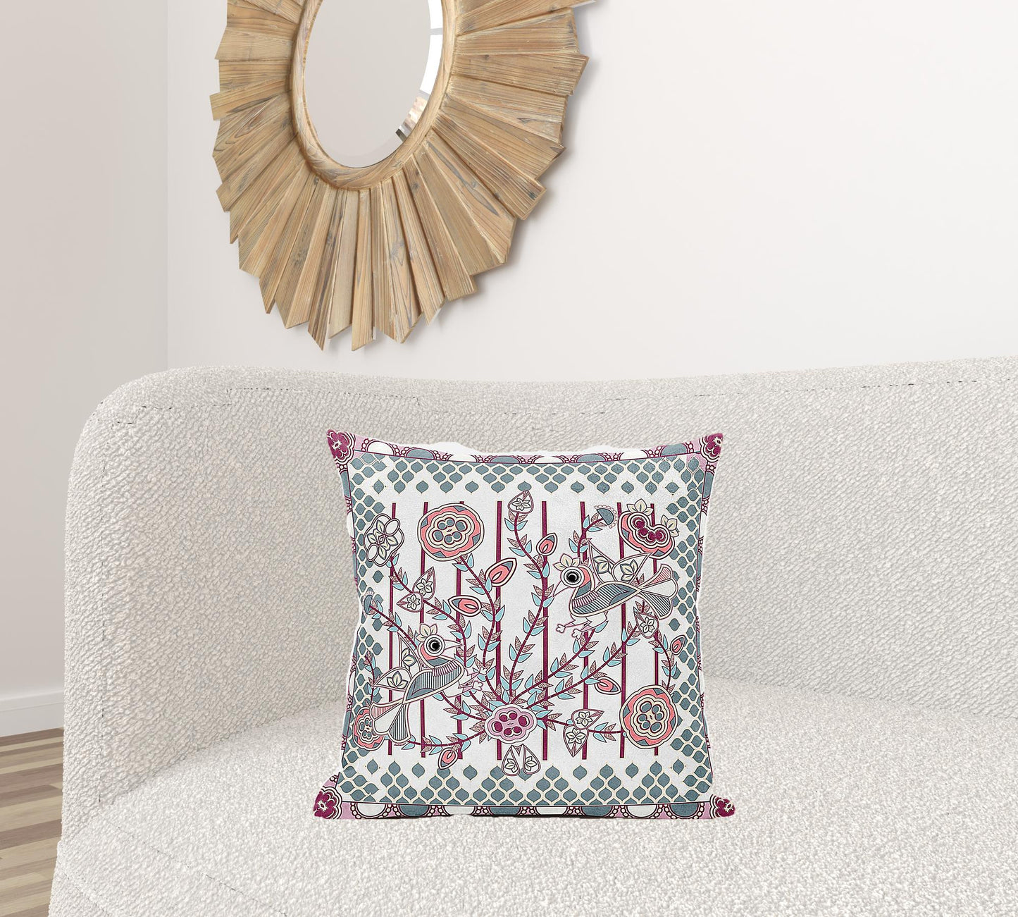 20" X 20" Red and White Peacock Broadcloth Floral Zippered Pillow