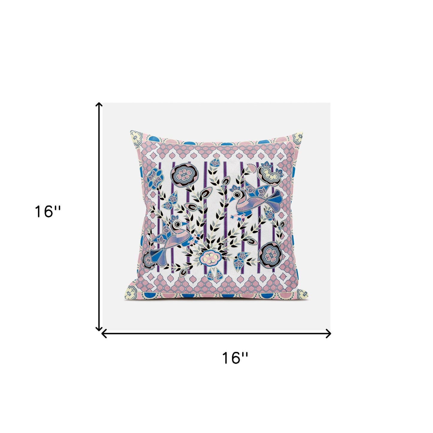 16" X 16" Pink and Black Peacock Broadcloth Floral Zippered Pillow