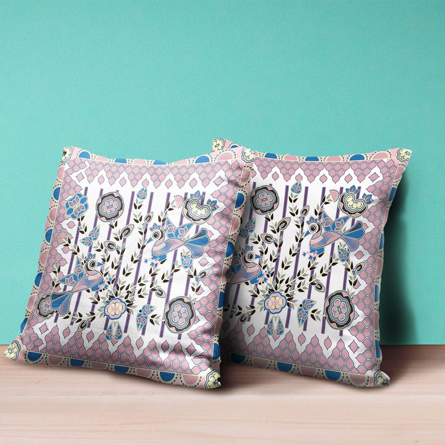 20" X 20" Pink and Black Peacock Broadcloth Floral Zippered Pillow