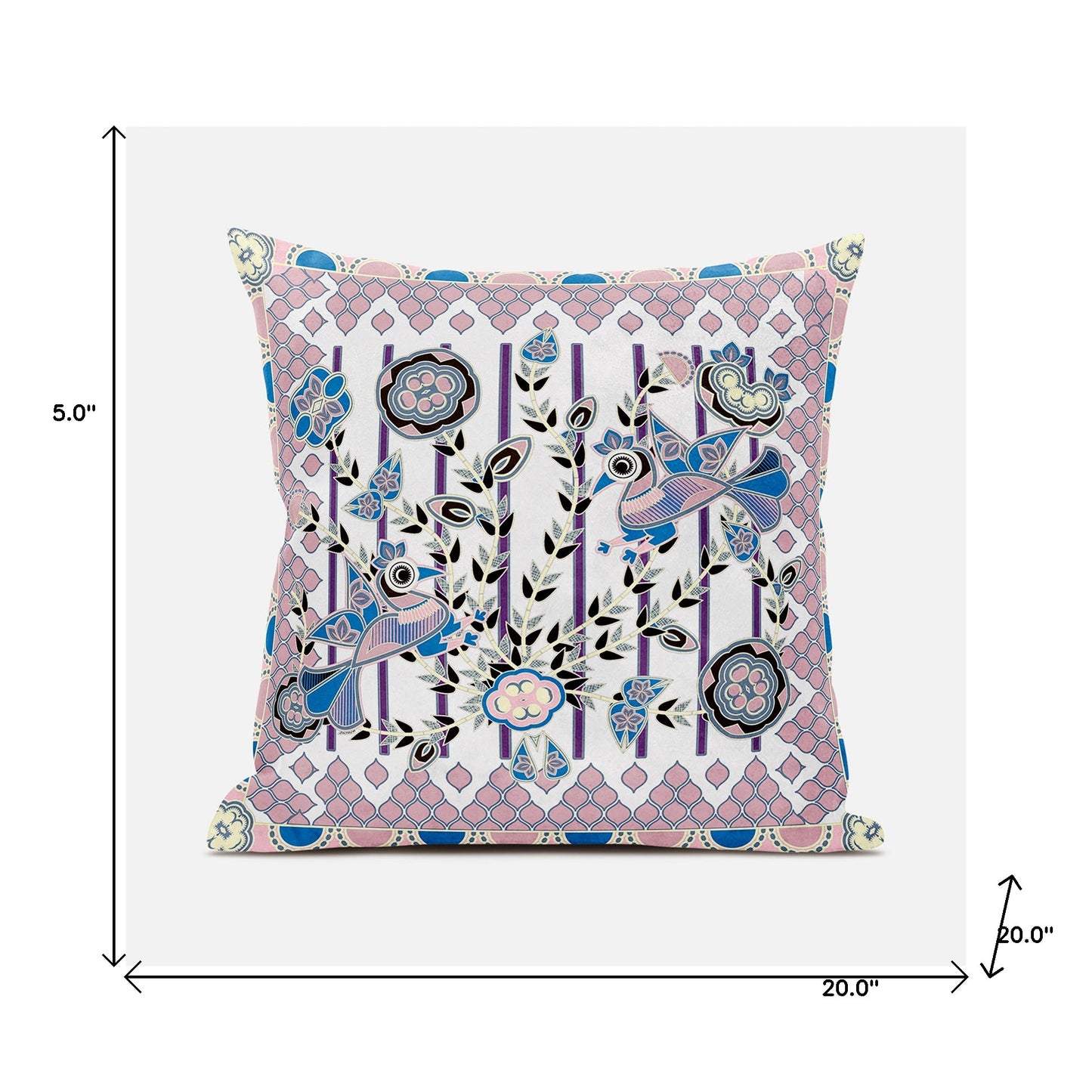 20" X 20" Pink and Black Peacock Broadcloth Floral Zippered Pillow