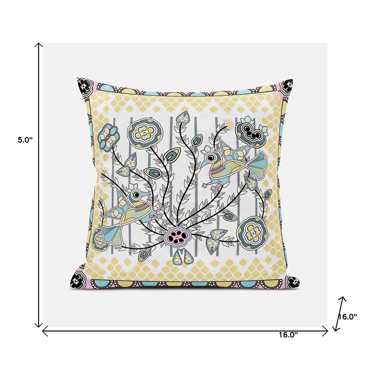16" X 16" Yellow and White Peacock Broadcloth Floral Zippered Pillow