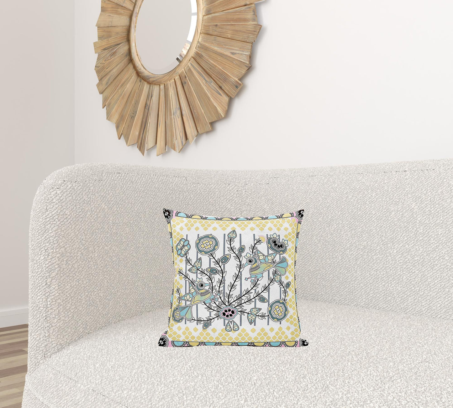 16" X 16" Yellow and White Peacock Broadcloth Floral Zippered Pillow