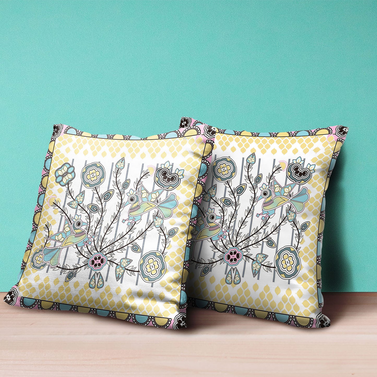 18" X 18" Yellow and White Peacock Broadcloth Floral Zippered Pillow