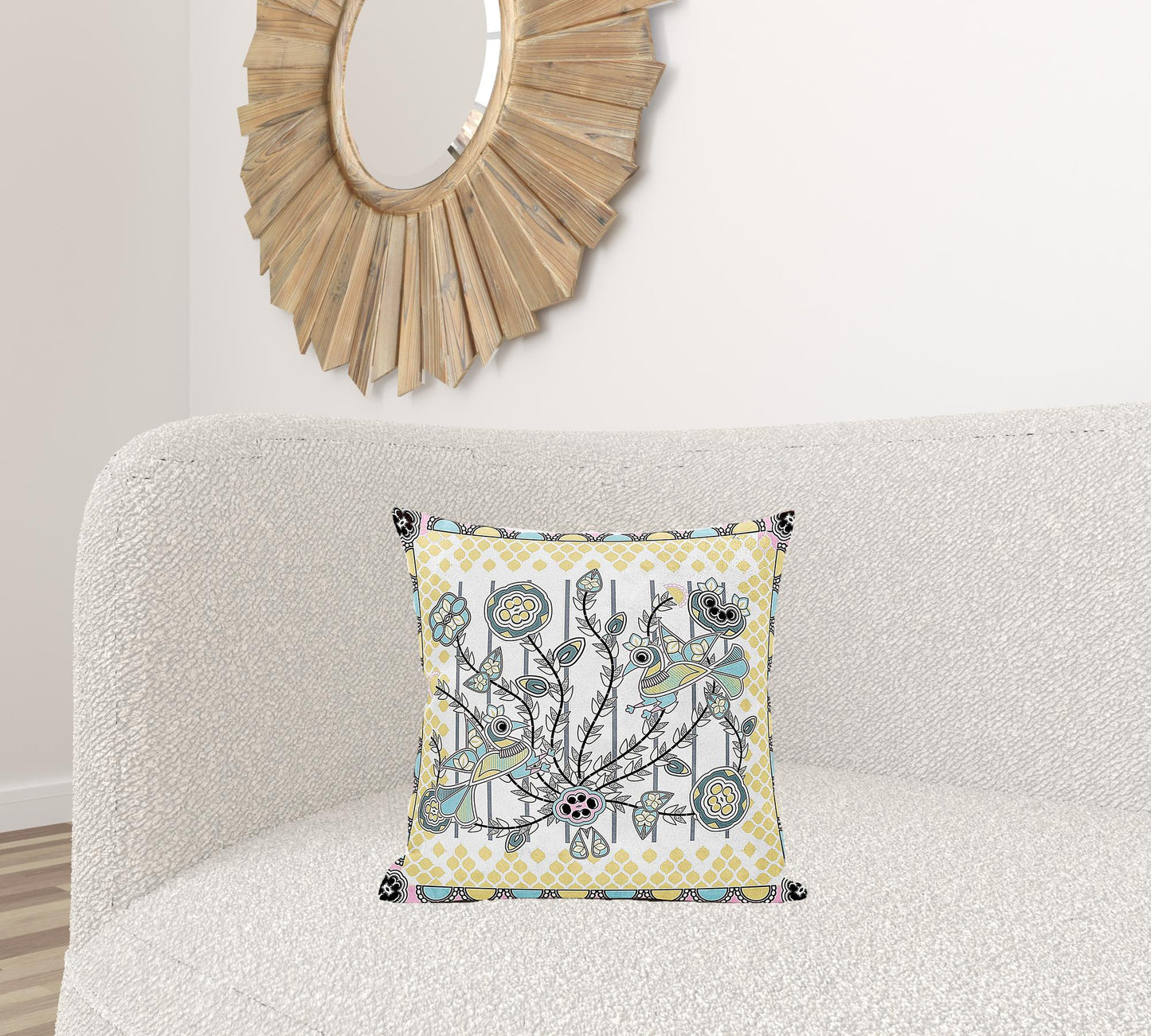 18" X 18" Yellow and White Peacock Broadcloth Floral Zippered Pillow