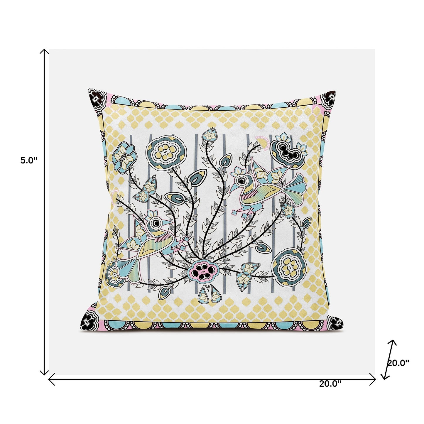 20" X 20" Yellow and White Peacock Broadcloth Floral Zippered Pillow