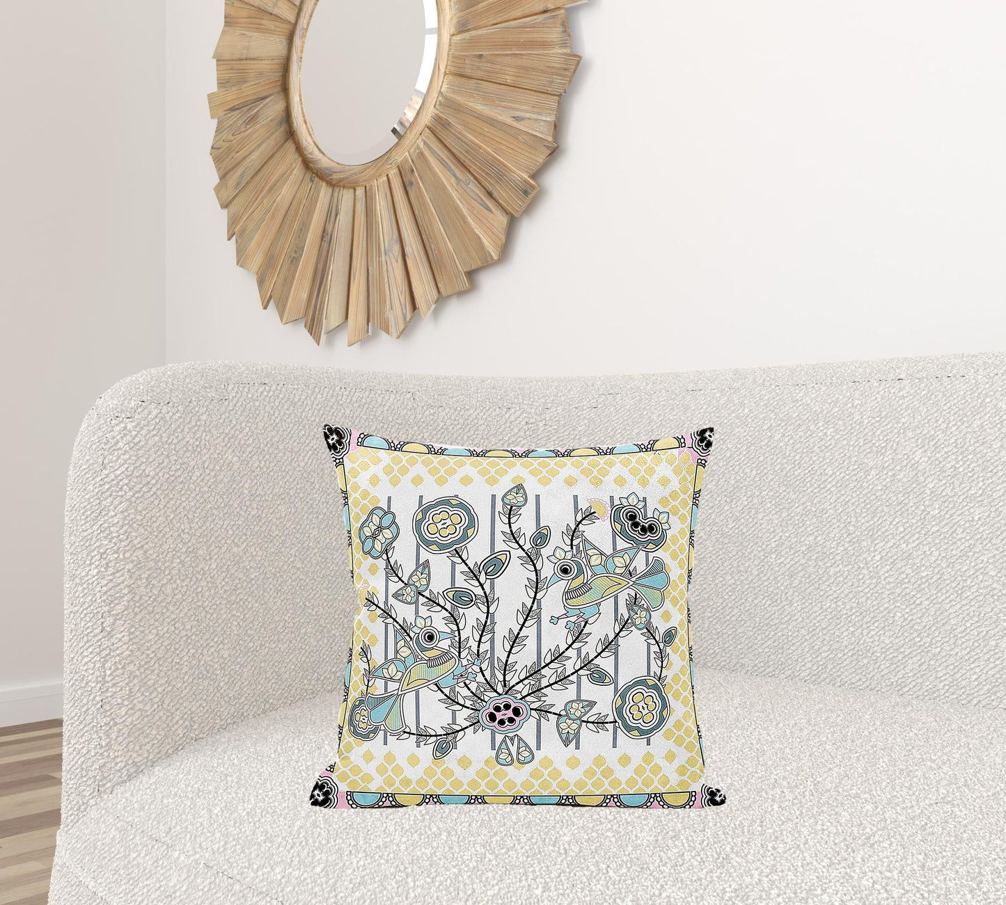 20" X 20" Yellow and White Peacock Broadcloth Floral Zippered Pillow