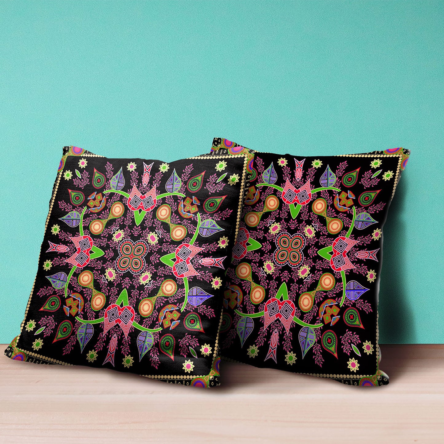 16" X 16" Black and Pink Broadcloth Paisley Zippered Pillow