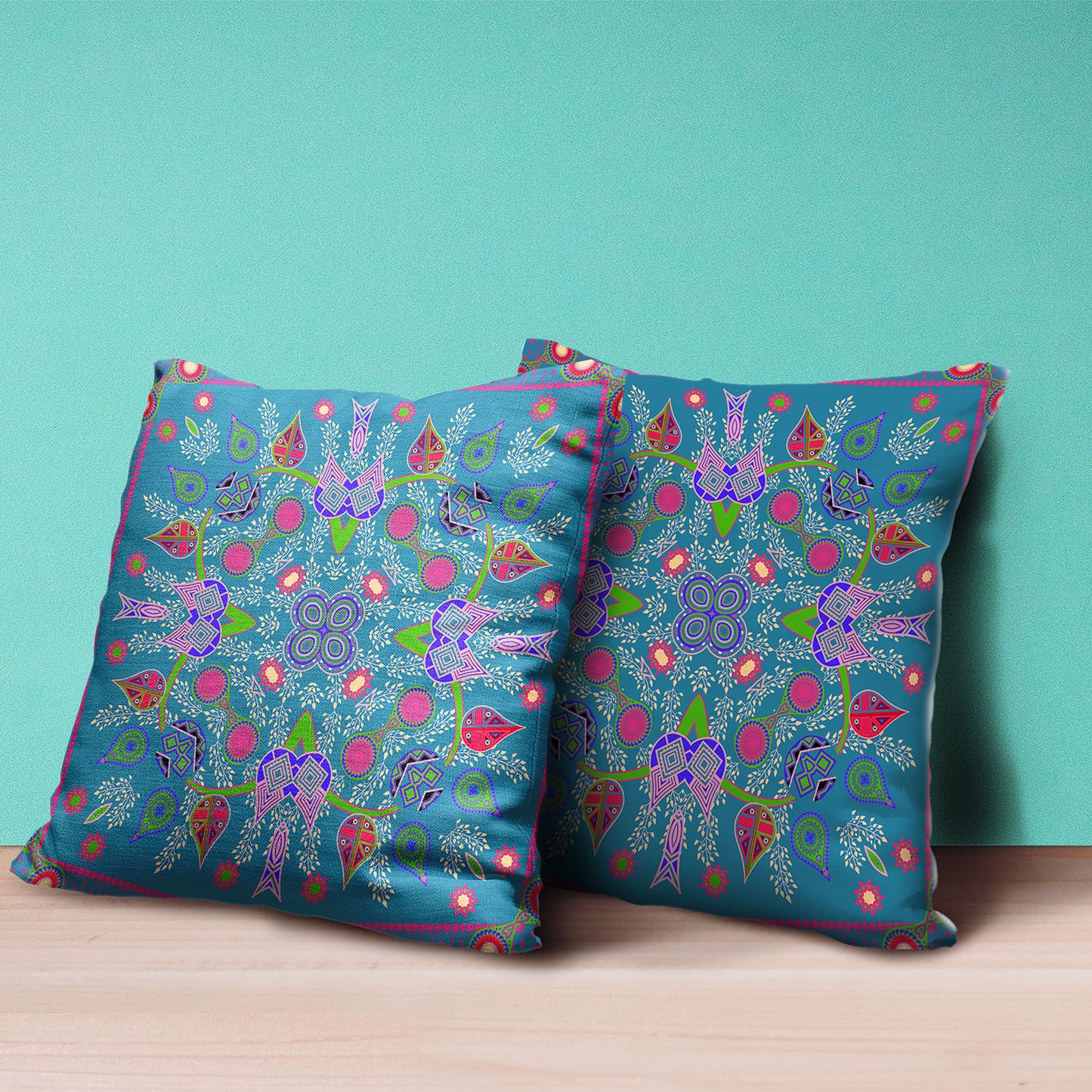 20" X 20" Blue and Pink Broadcloth Paisley Zippered Pillow