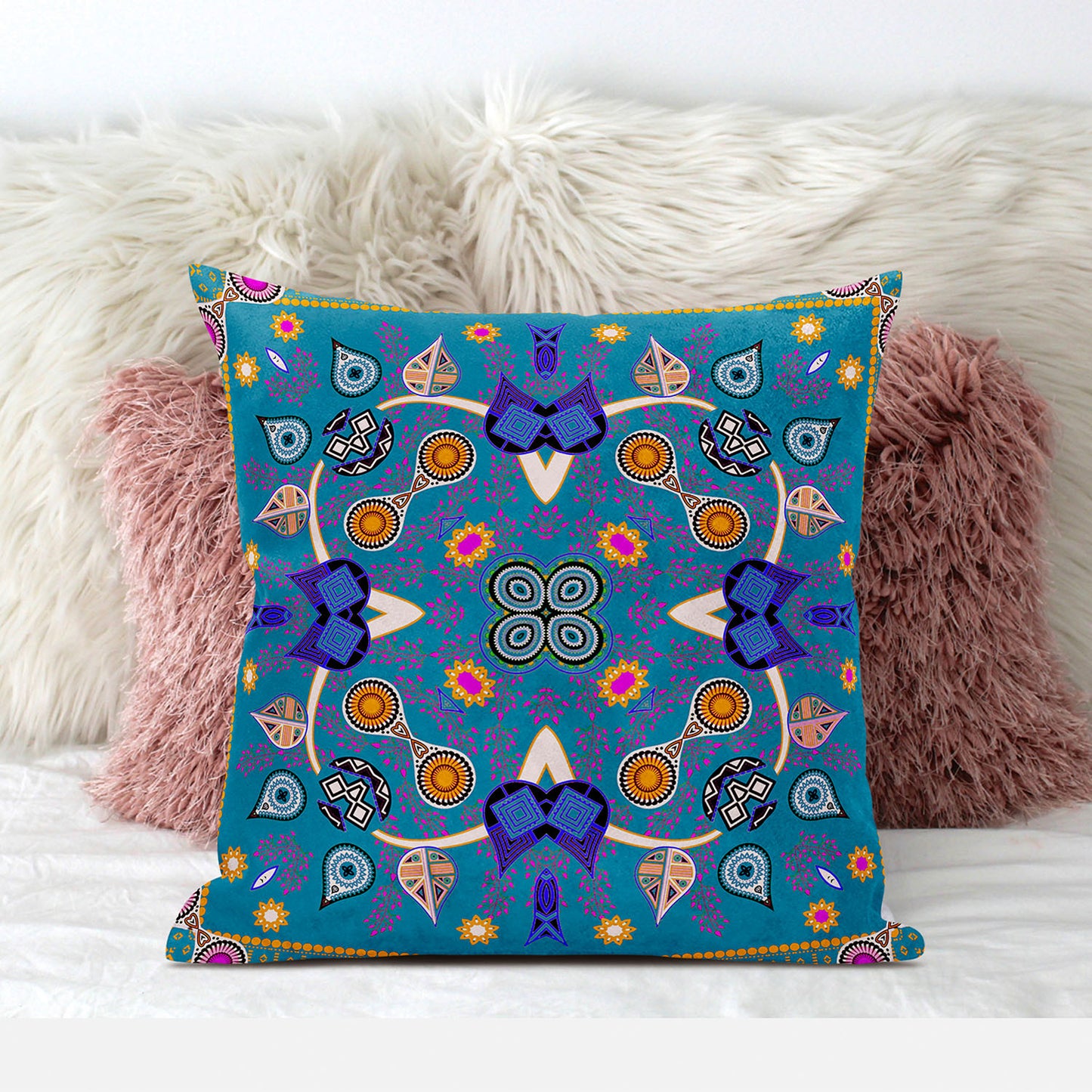 16" X 16" Blue and Gold Broadcloth Paisley Zippered Pillow