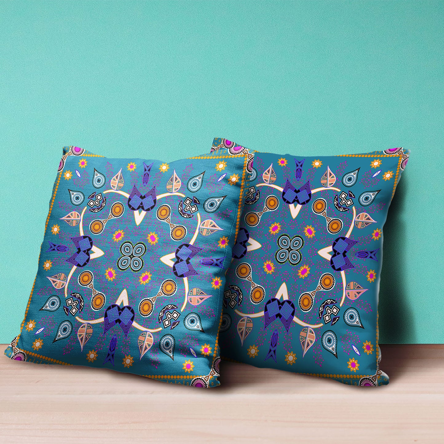 16" X 16" Blue and Gold Broadcloth Paisley Zippered Pillow