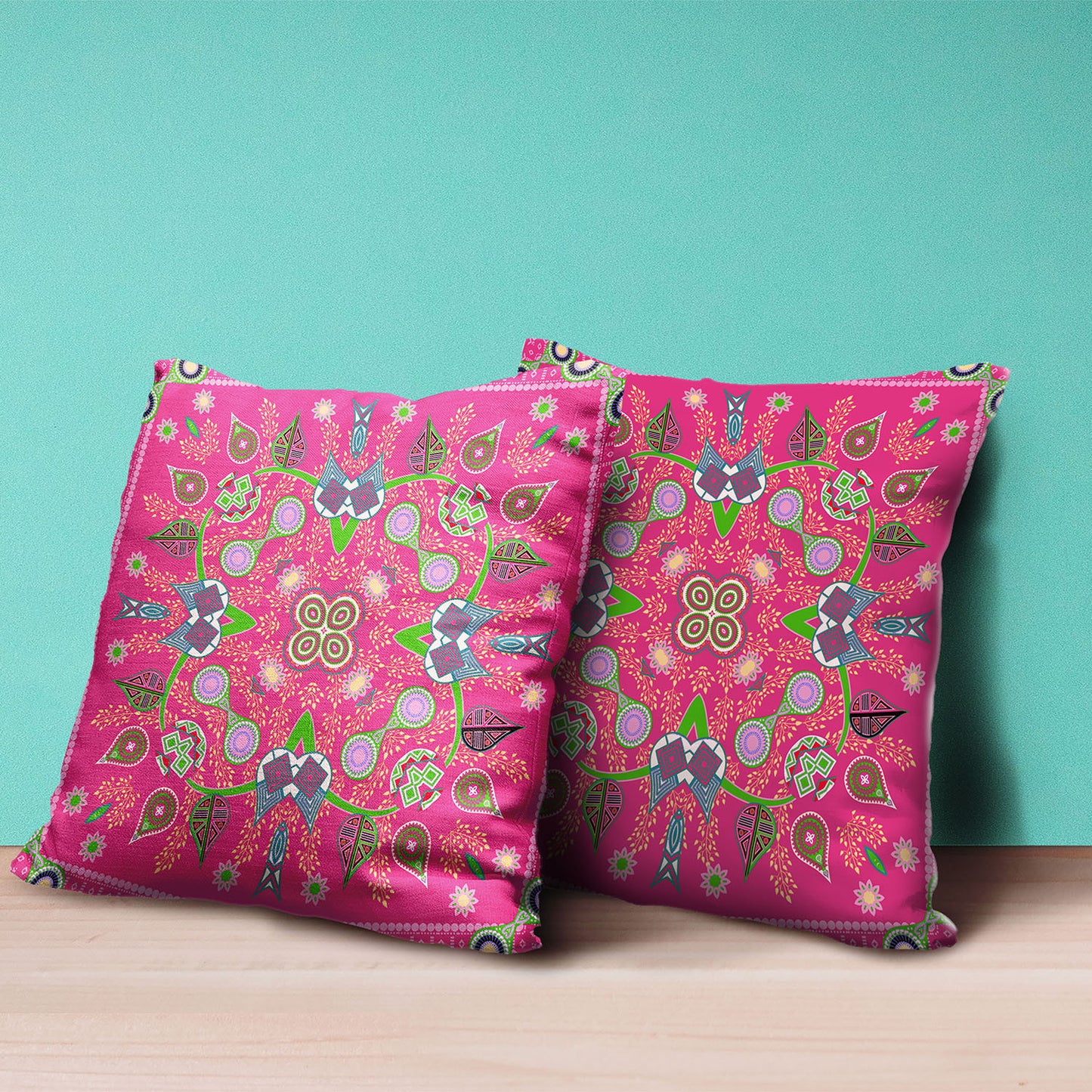 18" X 18" Pink and Green Broadcloth Paisley Zippered Pillow