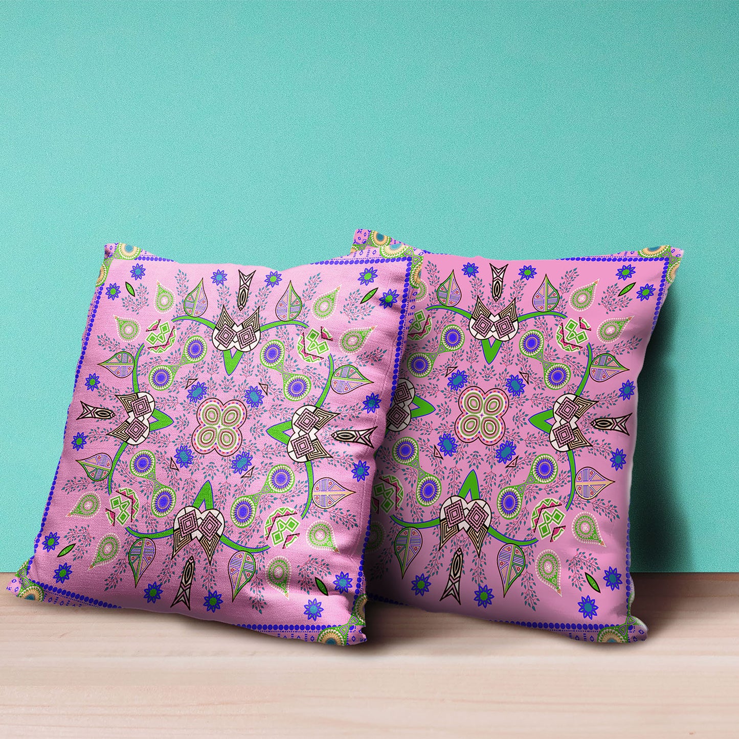 16" X 16" Blue and Pink Broadcloth Paisley Zippered Pillow