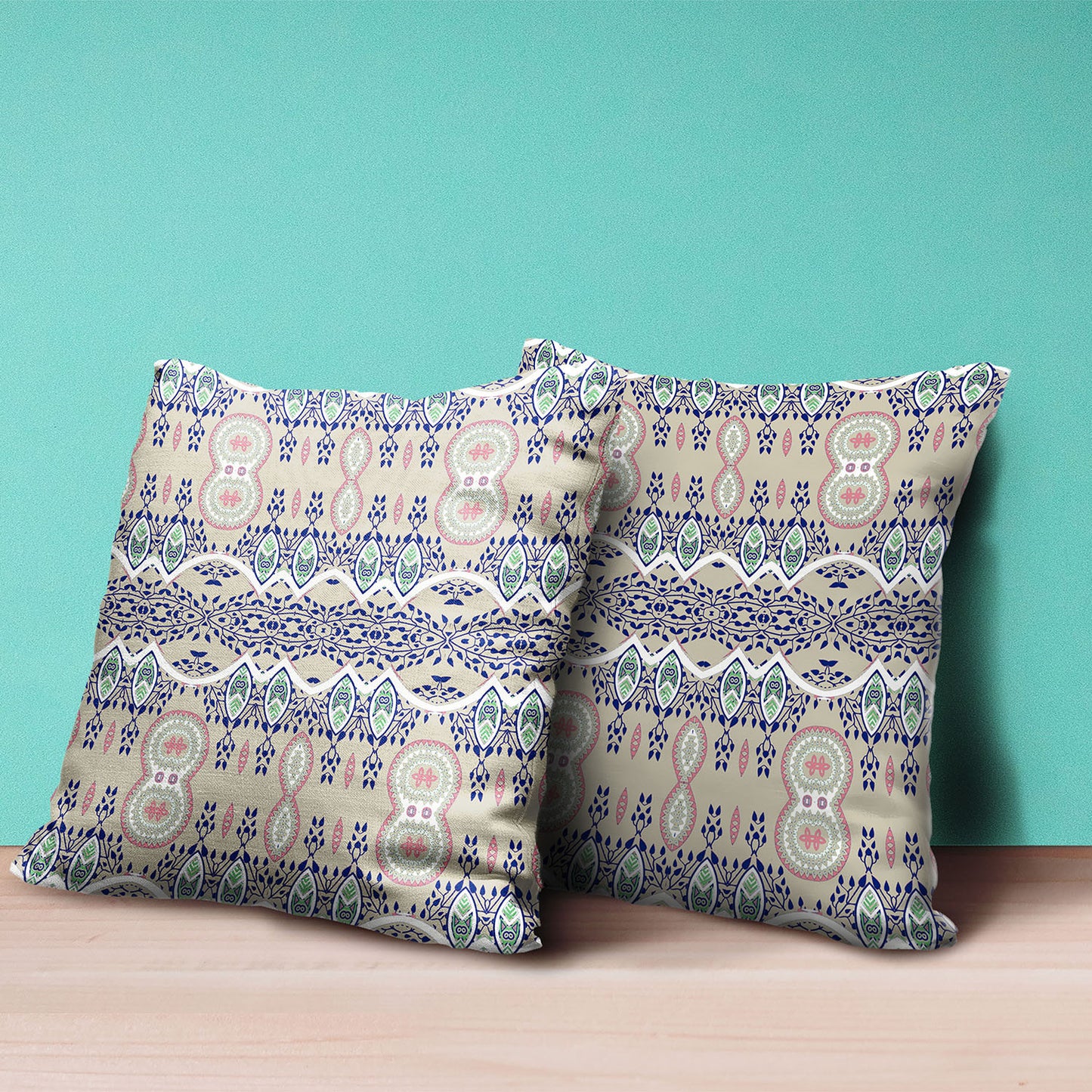 20" X 20" Blue and Beige Broadcloth Paisley Zippered Pillow