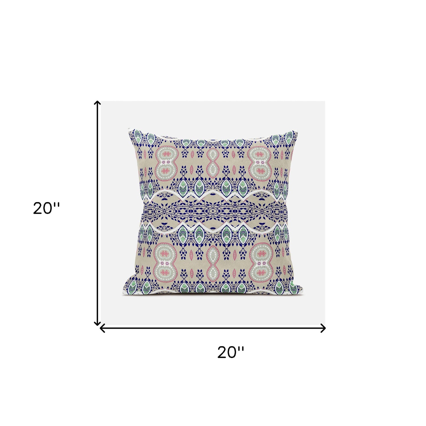 20" X 20" Blue and Beige Broadcloth Paisley Zippered Pillow