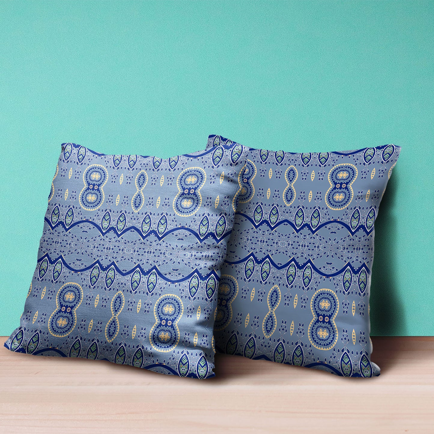 20" X 20" Blue and Yellow Broadcloth Paisley Zippered Pillow