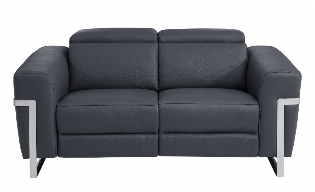 65" Gray And Silver Italian Leather Power Reclining Love Seat