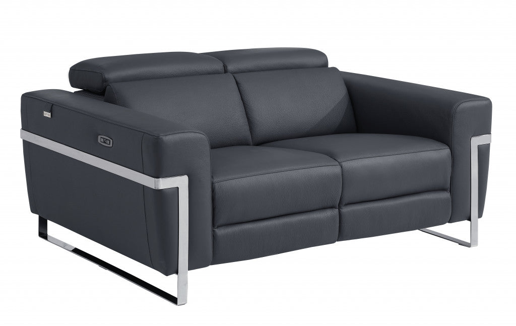 65" Gray And Silver Italian Leather Power Reclining Love Seat