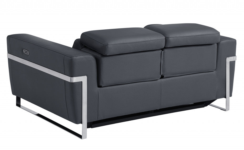 65" Gray And Silver Italian Leather Power Reclining Love Seat