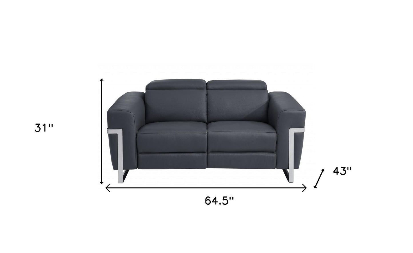 65" Gray And Silver Italian Leather Power Reclining Love Seat