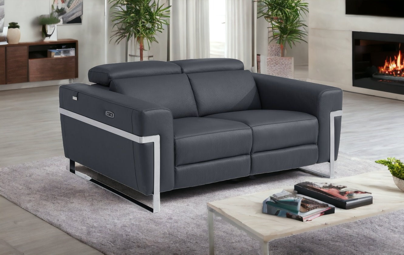 65" Gray And Silver Italian Leather Power Reclining Love Seat