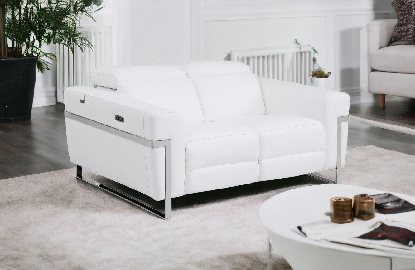65" White And Silver Italian Leather Power Reclining Love Seat