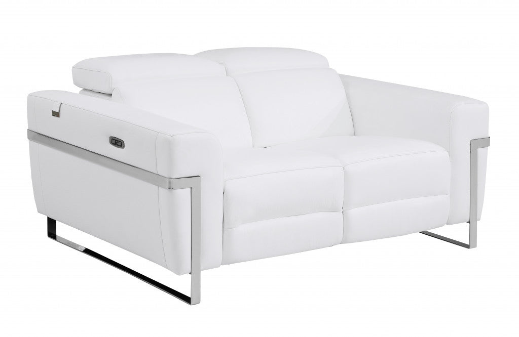 65" White And Silver Italian Leather Power Reclining Love Seat