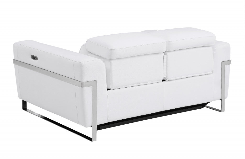 65" White And Silver Italian Leather Power Reclining Love Seat