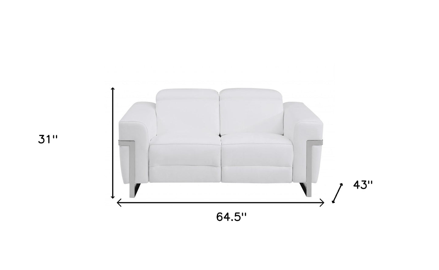 65" White And Silver Italian Leather Power Reclining Love Seat