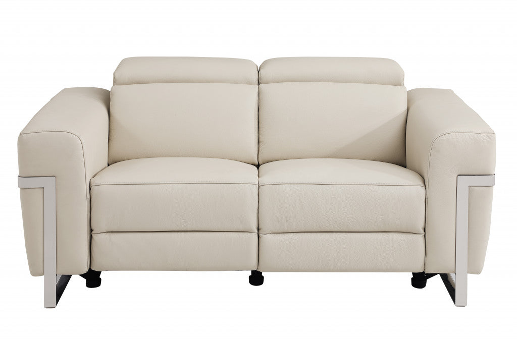 65" Beige And Silver Italian Leather Power Reclining Love Seat