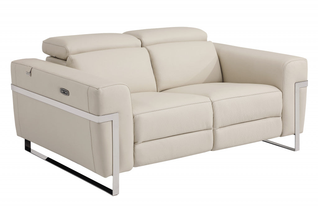 65" Beige And Silver Italian Leather Power Reclining Love Seat