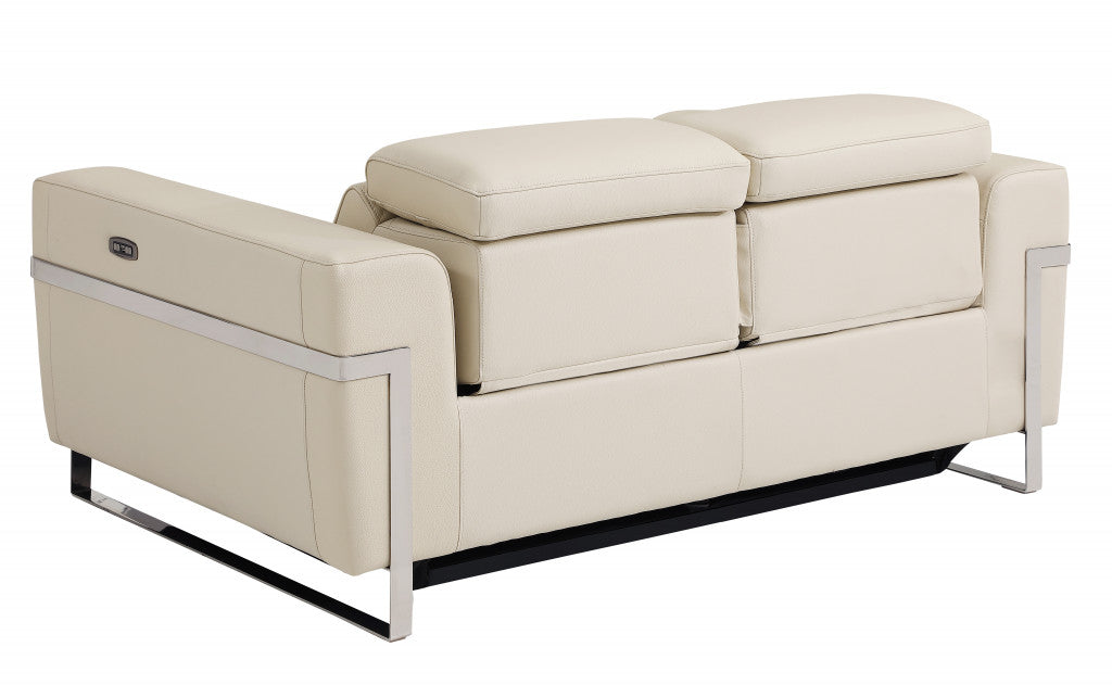 65" Beige And Silver Italian Leather Power Reclining Love Seat