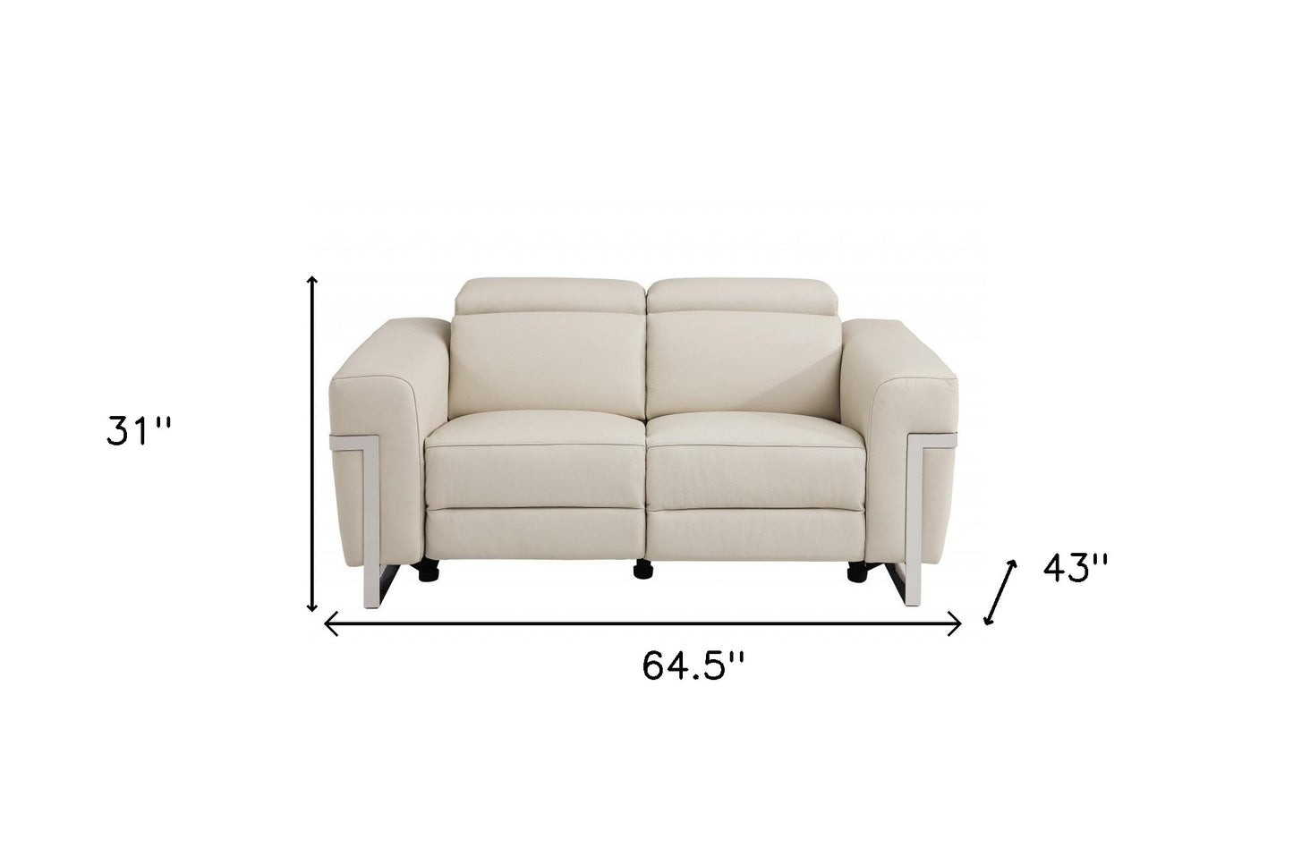 65" Beige And Silver Italian Leather Power Reclining Love Seat