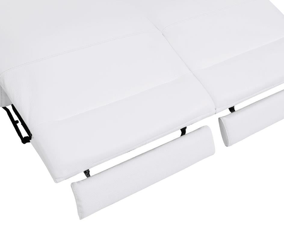 83" White And Silver Italian Leather Reclining USB Sofa