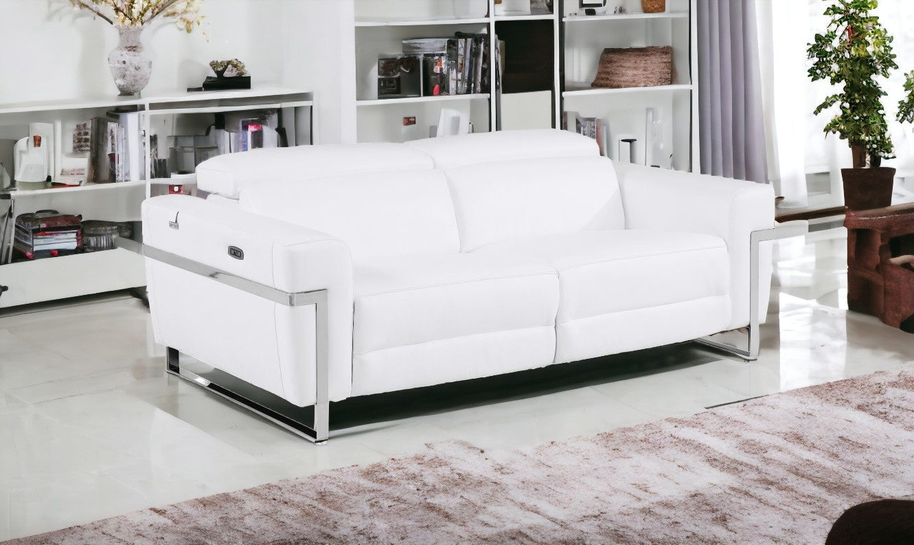83" White And Silver Italian Leather Reclining USB Sofa