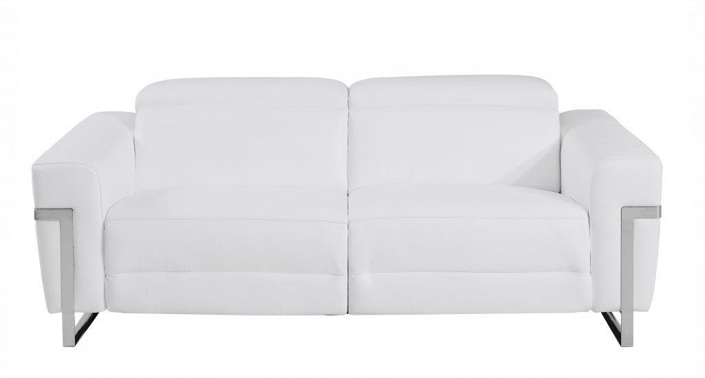 83" White And Silver Italian Leather Reclining USB Sofa