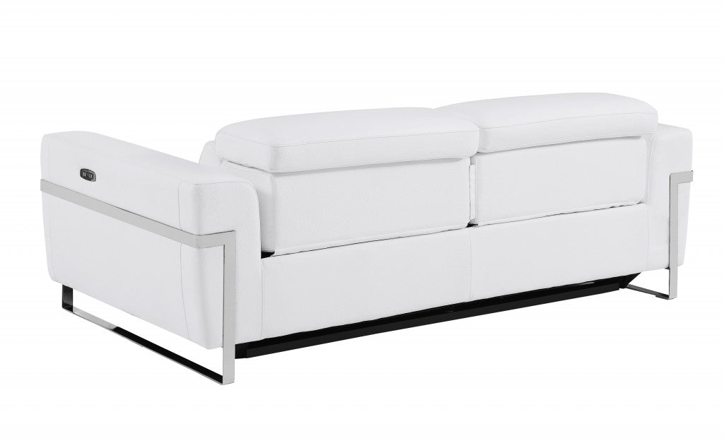 83" White And Silver Italian Leather Reclining USB Sofa