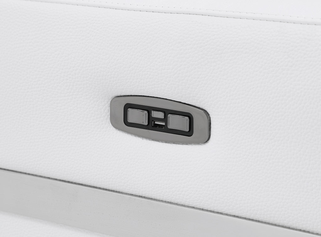 83" White And Silver Italian Leather Reclining USB Sofa