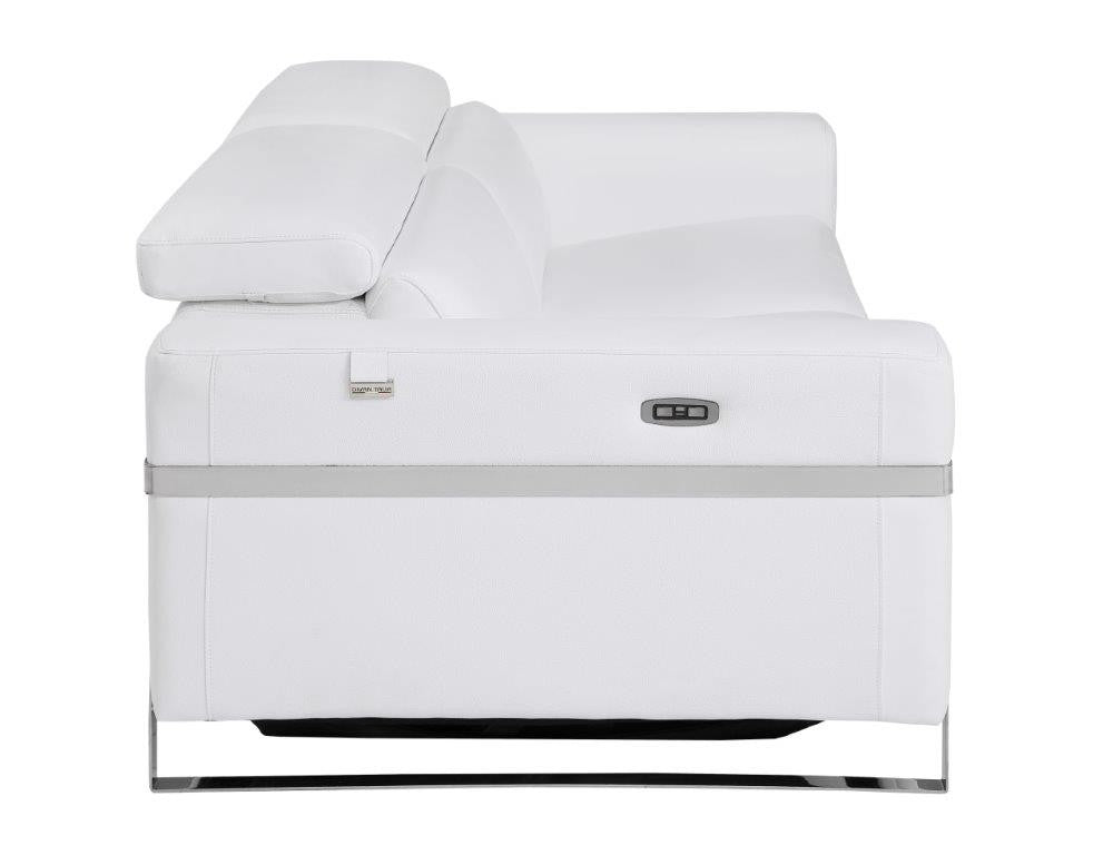 83" White And Silver Italian Leather Reclining USB Sofa