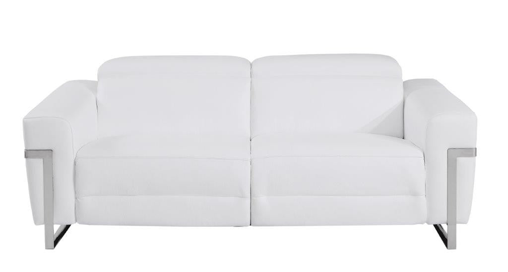 83" White And Silver Italian Leather Reclining USB Sofa
