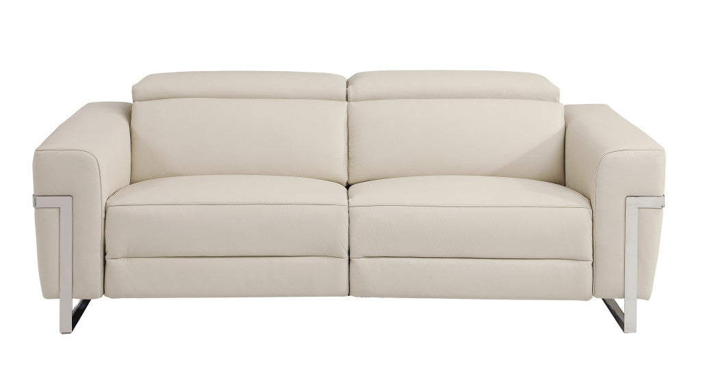 83" Beige And Black Italian Leather Reclining USB Sofa