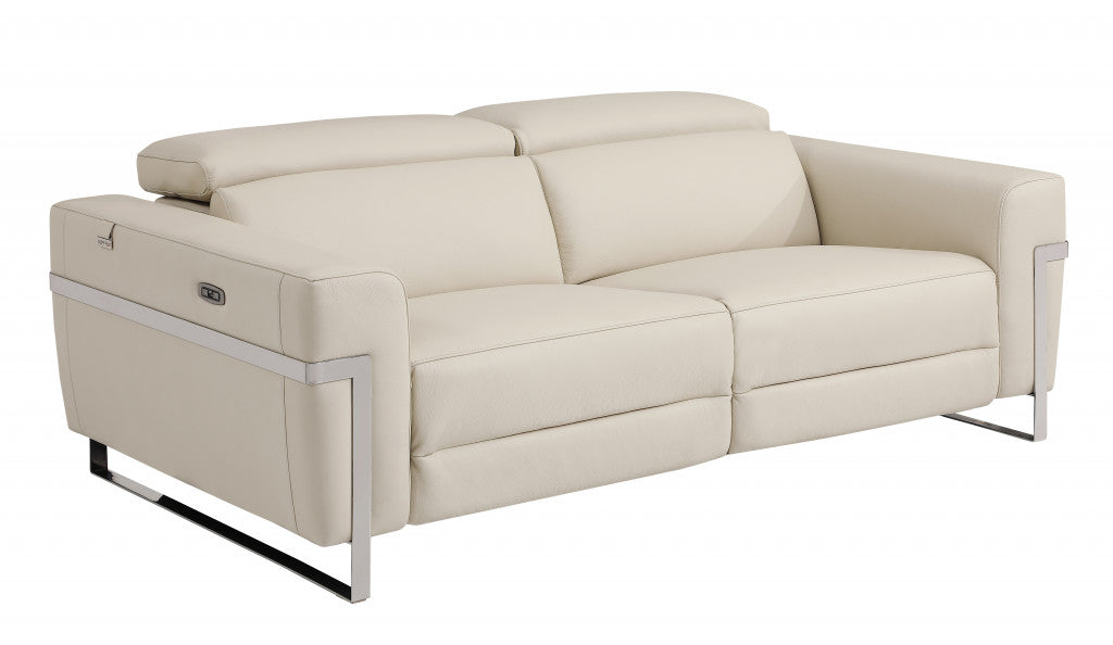 83" Beige And Black Italian Leather Reclining USB Sofa