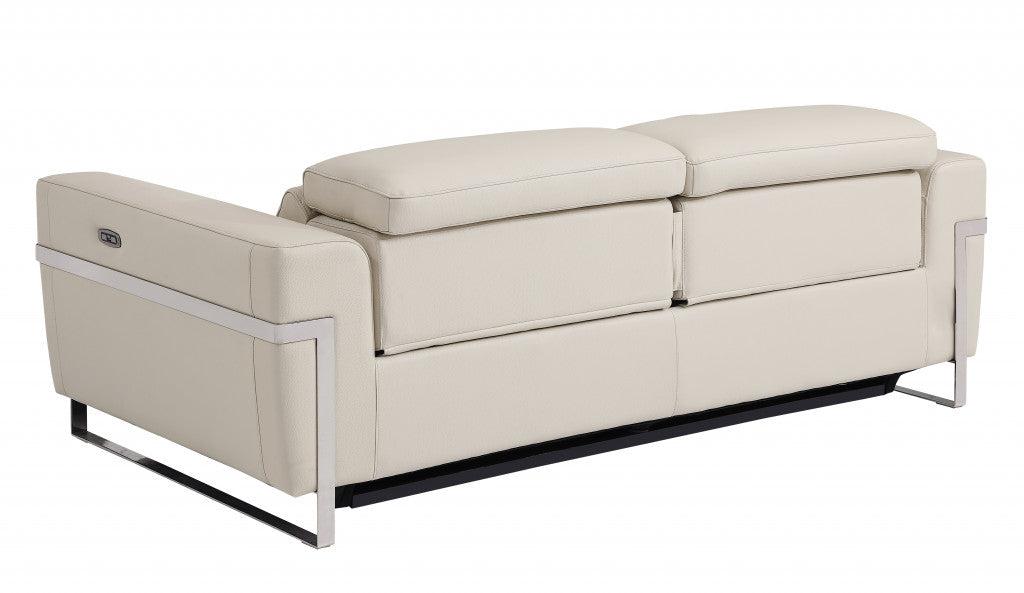 83" Beige And Black Italian Leather Reclining USB Sofa