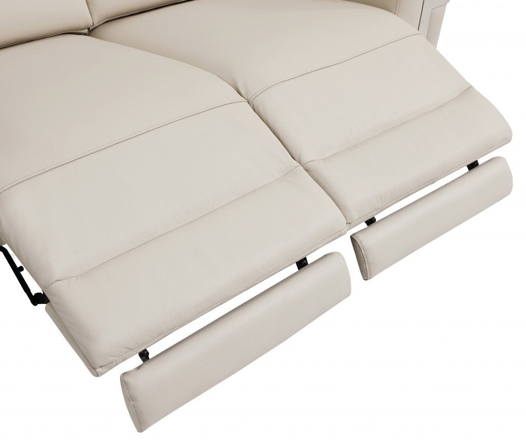 83" Beige And Black Italian Leather Reclining USB Sofa