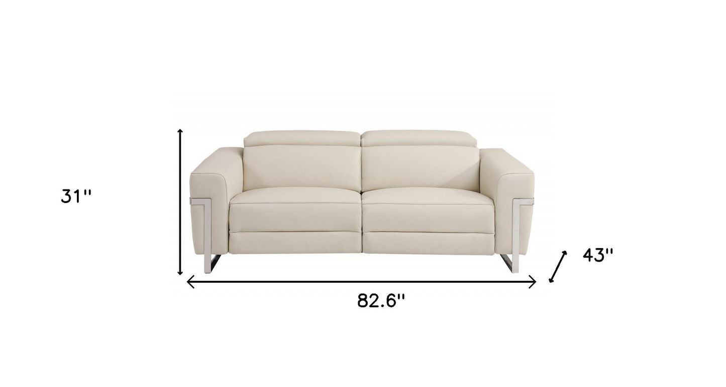 83" Beige And Black Italian Leather Reclining USB Sofa