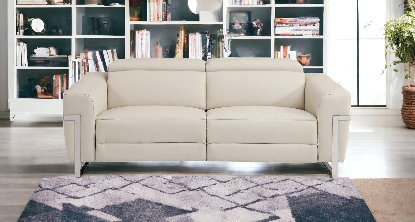 83" Beige And Black Italian Leather Reclining USB Sofa
