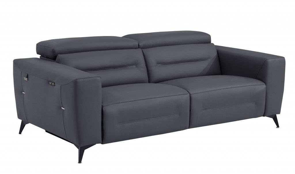 83" Dark Gray And Black Italian Leather Reclining USB Sofa