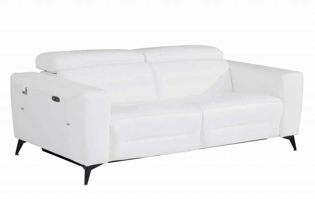 83" White And Black Italian Leather Reclining USB Sofa