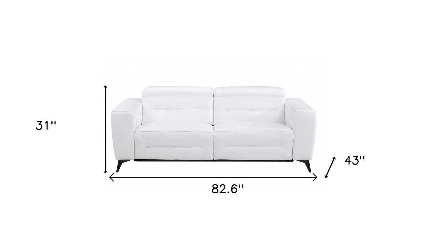 83" White And Black Italian Leather Reclining USB Sofa