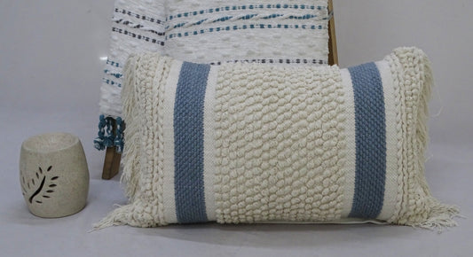 14" X 24" Cream And Light Blue Handmade Nubby Texture Throw Pillow With Fringe
